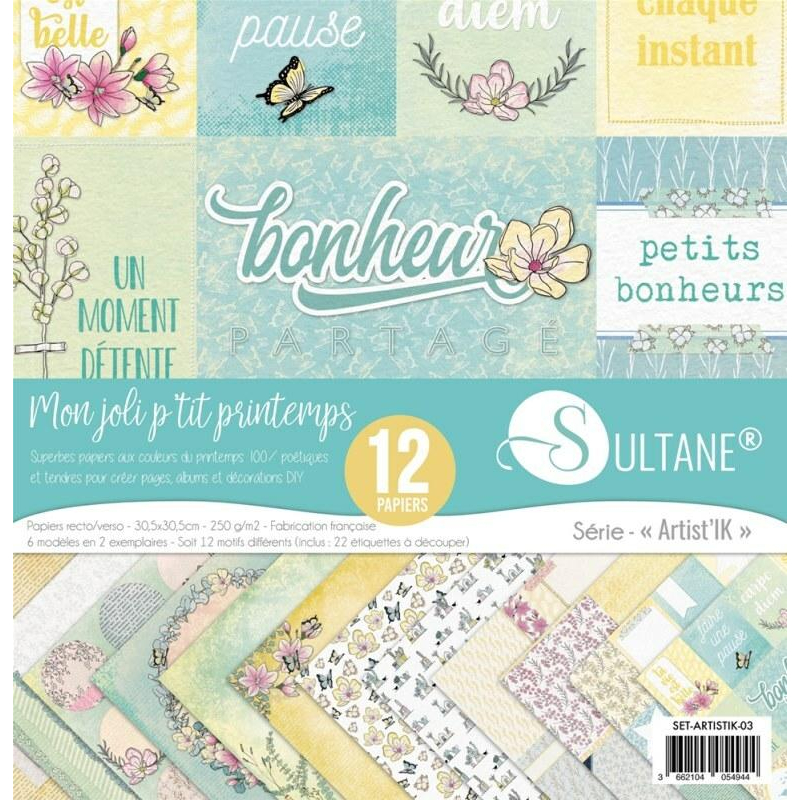 Set 12 papiers scrapbooking - Mon joli petit printemps - 250g/m2